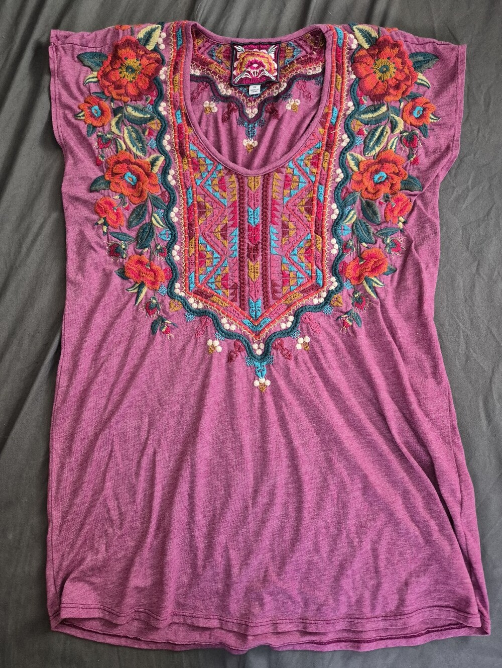 Johnny Was "Ornella" Embroidered Knit Tunic Top, Poly-Cotton Blend, EUC